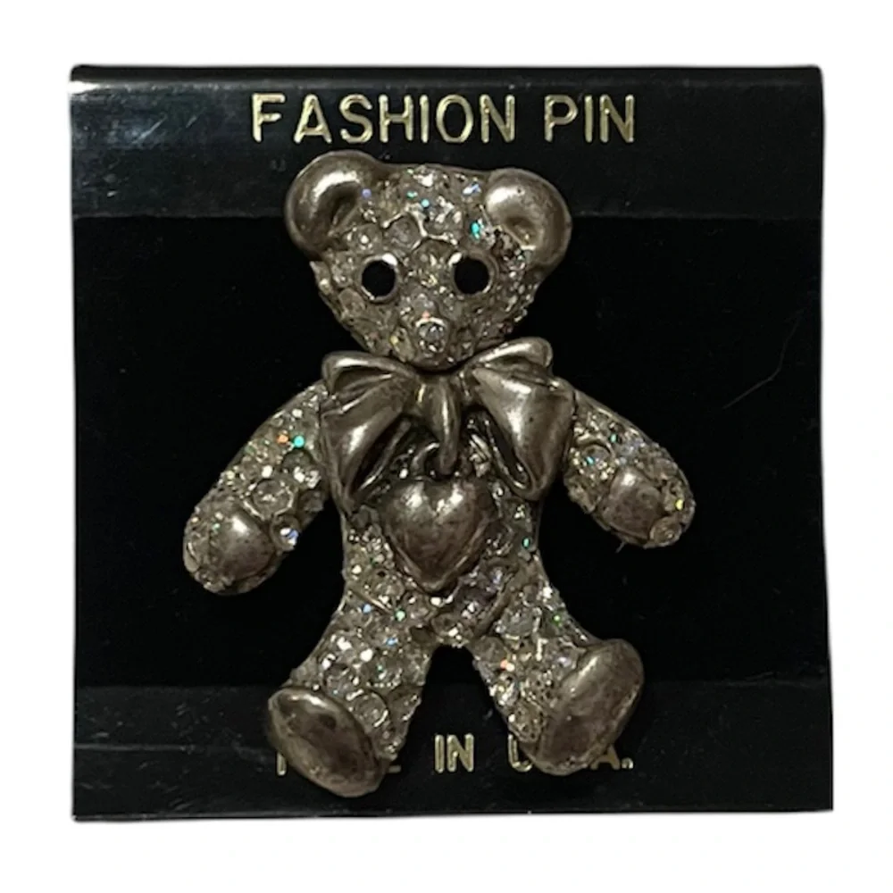 Vintage Crystal Teddy Bear Brooch Aurora Borealis Sparkle Pin 1980s Made In USA